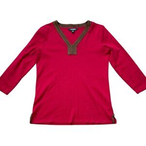 Lauren Ralph Lauren Red Faux Suede Trim V-Neck 3/4 Sleeve Top Size L